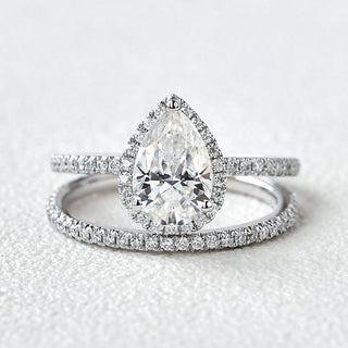 Luminous 1.33ct pear halo moissanite ring side profile view
