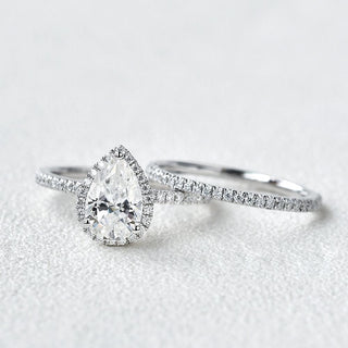 Luminous 1.33ct pear halo moissanite ring close up of the setting