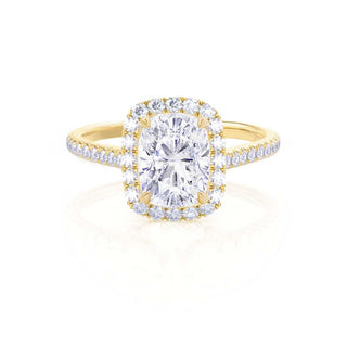 Brilliant 2.30ct cushion halo moissanite ring side profile view