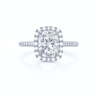 Brilliant 2.30ct cushion halo moissanite ring close up of the setting