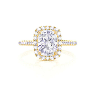 Elegant 2.30ct cushion halo moissanite ring close up of the setting