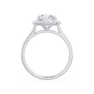 Brilliant 2.30ct cushion halo moissanite ring shown on a finger
