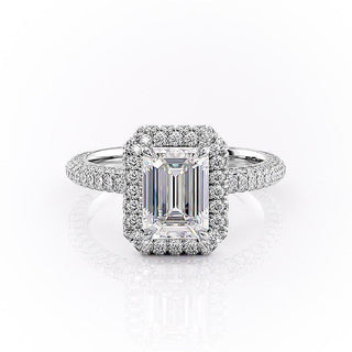 1.91 CT Emerald Cut Halo Three Side Pave Diamond Moissanite Engagement Ring