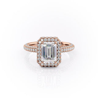 1.91 CT Emerald Cut Halo Three Side Pave Diamond Moissanite Engagement Ring