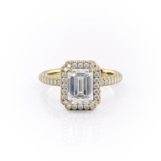 1.91 CT Emerald Cut Halo Three Side Pave Diamond Moissanite Engagement Ring
