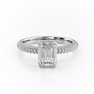 1.91 CT Emerald Cut Hidden Halo Three Side Pave Diamond Moissanite Engagement Ring