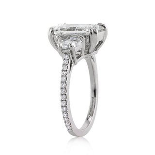 Radiant three stone pave moissanite ring stone detail view