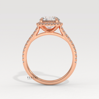 Halo Pave Round Cut Moissanite Engagement Ring studio view