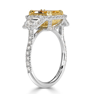 Fancy light yellow radiant halo moissanite ring stone detail view
