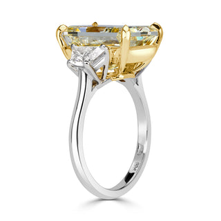Light yellow radiant three stone moissanite ring side view