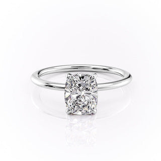 Lustrous 2.0ct cushion hidden halo moissanite ring side profile view