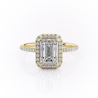 2.10 CT Emerald Cut Halo Pave Diamond Moissanite Engagement Ring