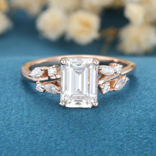 1.60 CT Emerald Cut Cluster Halo Moissanite Engagement Ring front view
