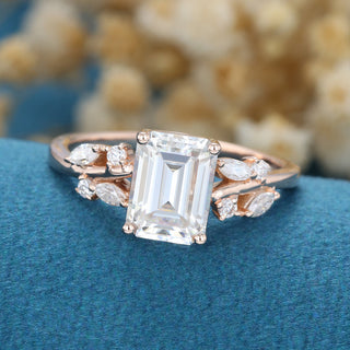 1.60 CT Emerald Cut Cluster Halo Moissanite Engagement Ring close up