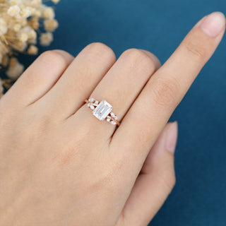 1.60 CT Emerald Cut Cluster Halo Moissanite Engagement Ring side view
