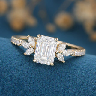 0.92 CT Emerald Cut Cluster Halo Moissanite Engagement Ring top view