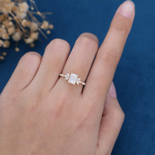 0.92 CT Emerald Cut Cluster Halo Moissanite Engagement Ring side view