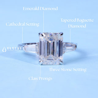 Timeless 2.0ct emerald three stone moissanite ring shown on a finger