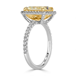 Yellow radiant moissanite halo ring stone detail view