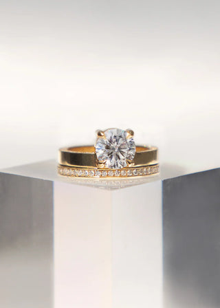 Luminous 2.0ct round pave moissanite wedding band front view