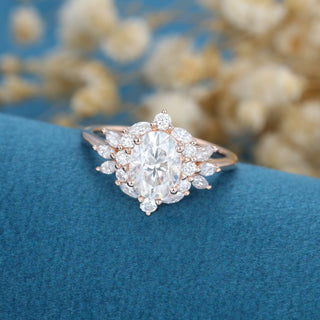 1.33 CT Oval Cut Cluster Bridal Moissanite Engagement Ring top view