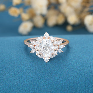 1.33 CT Oval Cut Cluster Bridal Moissanite Engagement Ring front view