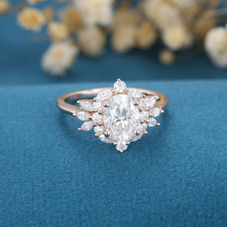 1.33 CT Oval Cut Cluster Bridal Moissanite Engagement Ring close up