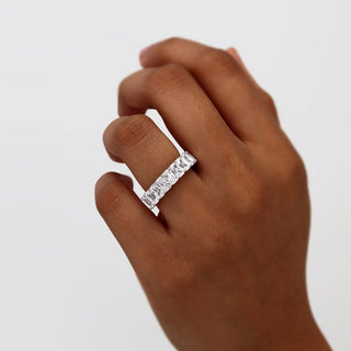 Gorgeous 7.26ct radiant full eternity moissanite wedding band close up of the setting