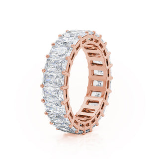 Timeless 7.26ct radiant full eternity moissanite wedding band close up of the setting