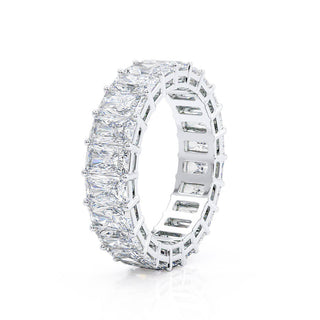 Refined 7.26ct radiant full eternity moissanite wedding band close up of the setting