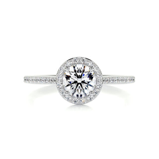 Chic 1.0ct round halo moissanite ring three quarter angled view
