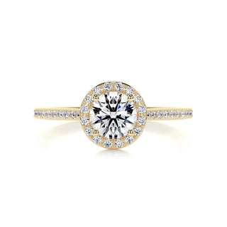 Chic 1.0ct round halo moissanite ring tilted view catching the light