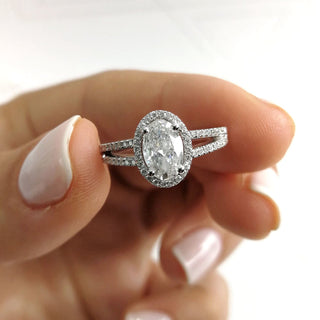 0.90ct Oval Cut Halo Split Shank Diamond Moissanite Engagement Ring