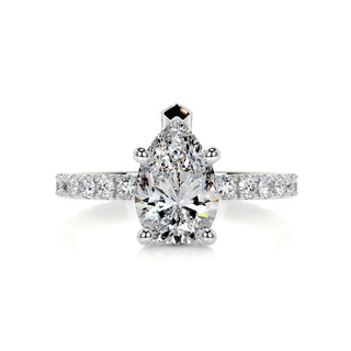 Delicate 1.5ct pear hidden halo moissanite ring three quarter angled view