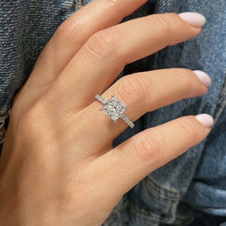 Refined 2.0ct cushion hidden halo moissanite ring overhead view