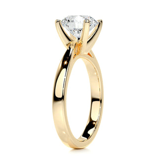 Radiant 2.0ct round solitaire moissanite ring angled view showing its sparkle