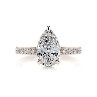 Shimmering 1.5ct pear hidden halo moissanite ring front view