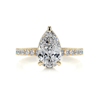 Brilliant 1.5ct pear hidden halo moissanite ring angled view showing its sparkle