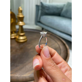 1.5ct Cushion Cut Hidden Halo Cathedral Pave Diamond Moissanite Engagement Ring