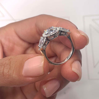 1.5ct Round Cut Halo Three Stone Diamond Moissanite Engagement Ring