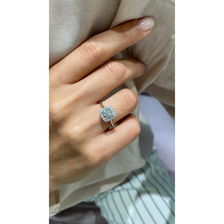 Shimmering 1.0ct round halo moissanite ring three quarter angled view