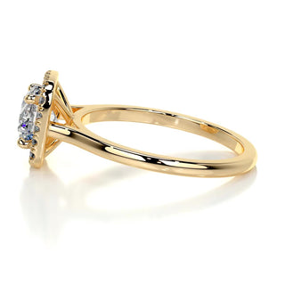 Shimmering 1.0ct round halo moissanite ring shown on a finger image 3