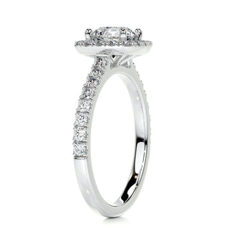 Sparkling 1.0ct round halo moissanite ring tilted view catching the light