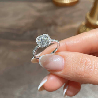Luminous 1.0ct round halo moissanite ring detail view of the band