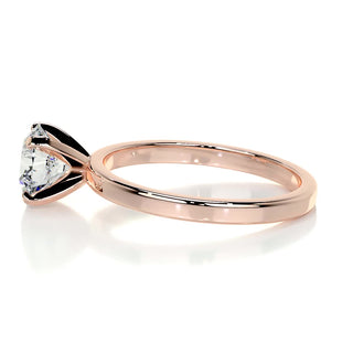 Refined 1.0ct round solitaire moissanite ring shown on a finger
