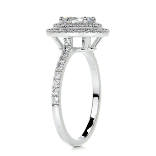 Timeless 1.0ct oval halo moissanite ring angled view showing its sparkle