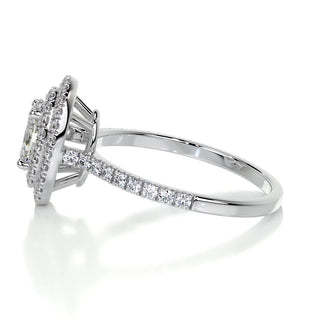 Sparkling 1.0ct oval halo moissanite ring tilted view catching the light