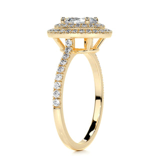 Dazzling 1.0ct oval halo moissanite ring angled view showing its sparkle