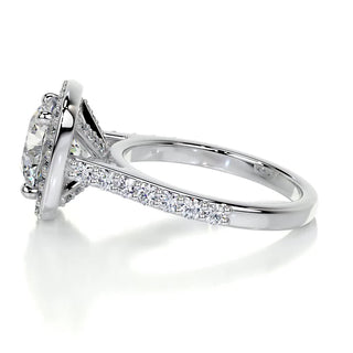 Chic 2.0ct cushion halo moissanite ring tilted view catching the light