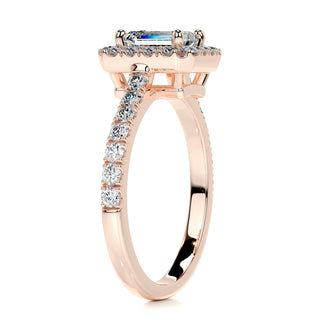 Refined 1.0ct emerald halo moissanite ring side profile view